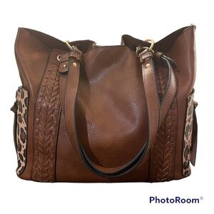 Brown Leather Tote Bag with Leopard Accents